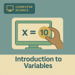 Illustration of a computer screen displaying a variable equation with a student hand holding a value.