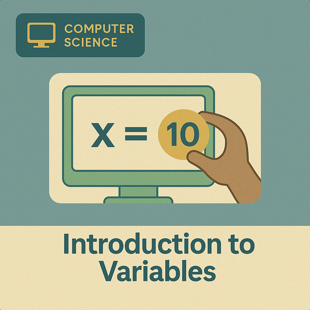 Illustration of a computer screen displaying a variable equation with a student hand holding a value.