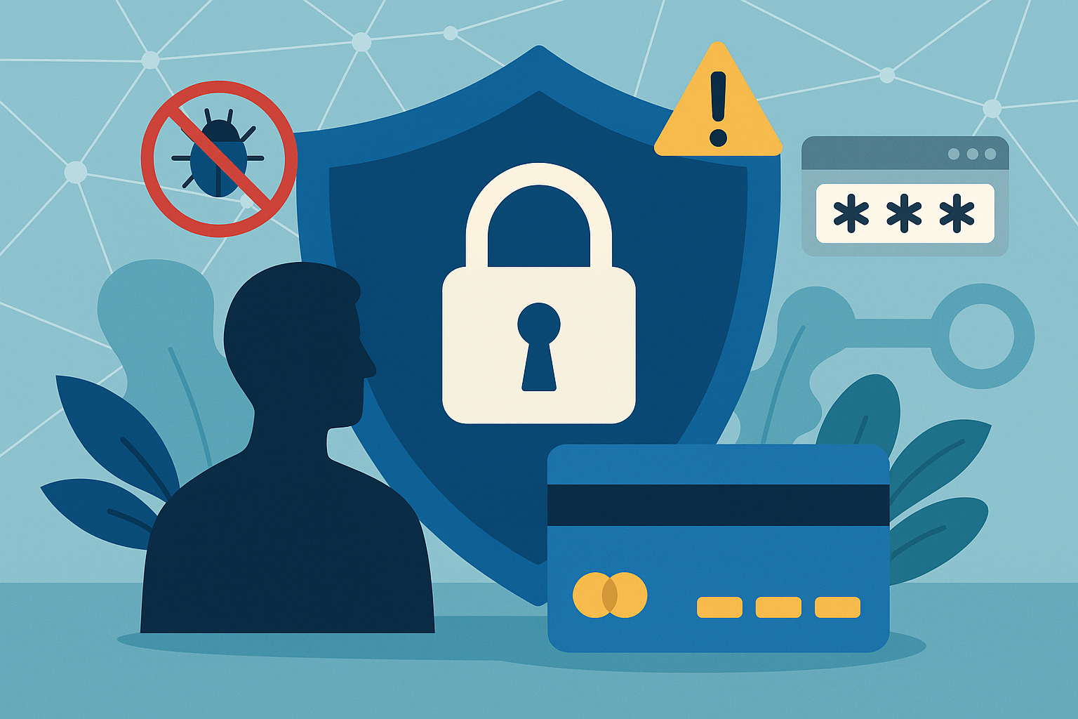 Illustration showing a digital shield with a padlock, a credit card, and cybersecurity icons representing identity theft protection.