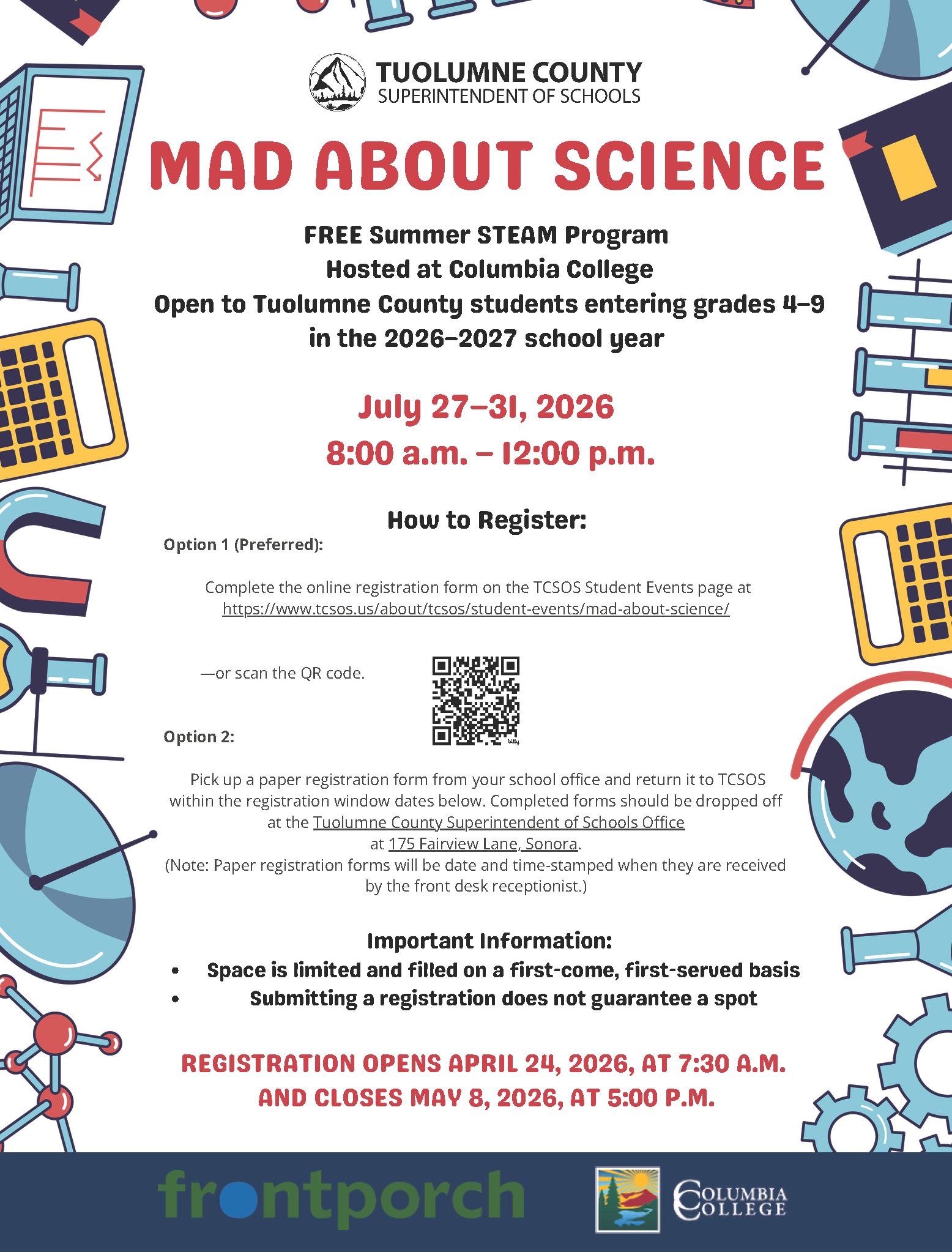 2026 MAS Flyer Flyer for the Mad About Science Summer STEAM Program hosted by Tuolumne County Superintendent of Schools at Columbia College, July 27 to 31, 2026, for students entering grades 4 through 9