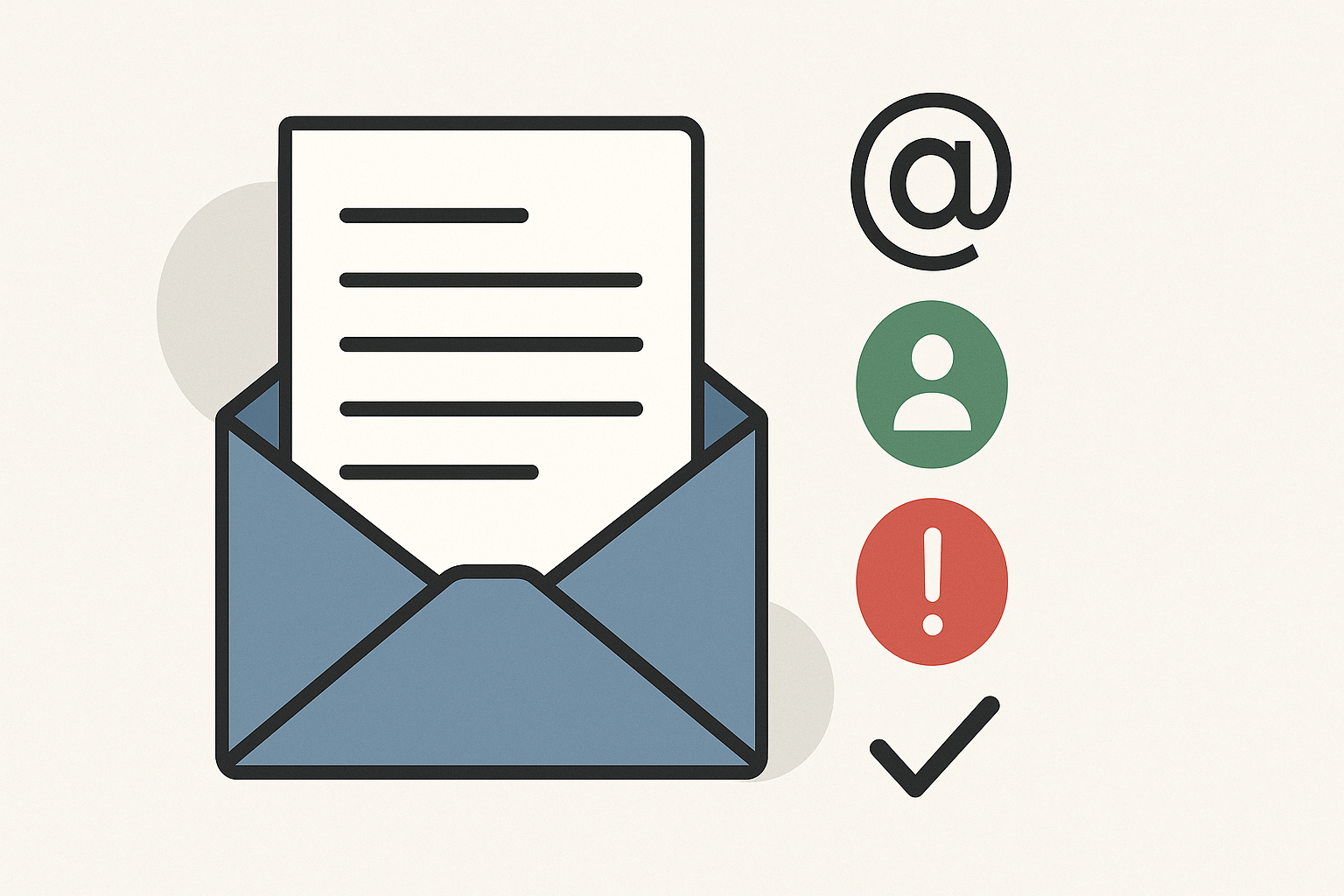 Minimalist illustration of an open envelope with a letter inside, accompanied by icons representing email communication — at symbol, user, exclamation mark, and check mark — on a light neutral background.