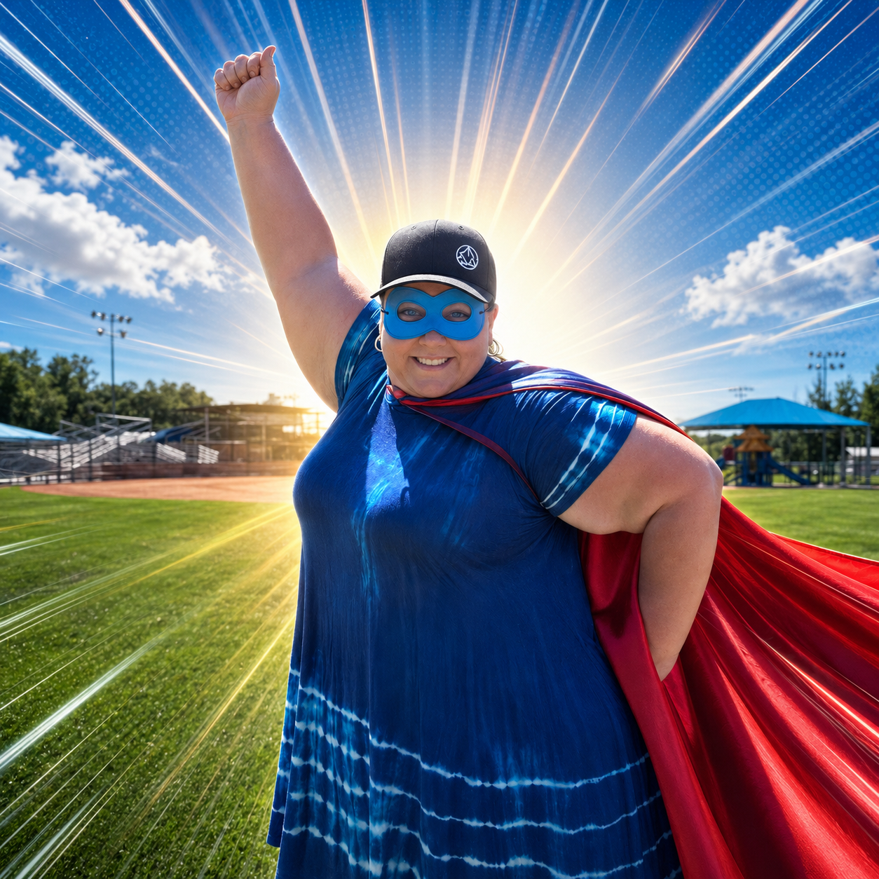 Ashley Champeaux poses as a superhero on a baseball field wearing a blue mask and red cape, celebrating her recognition as TCSOS's May Superhero in Learning.