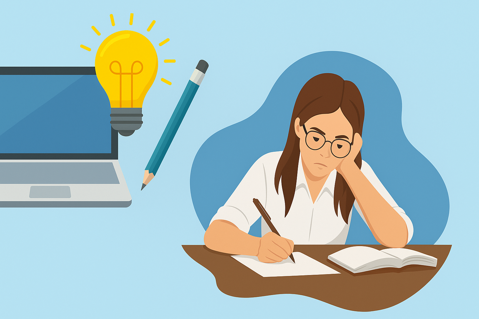 Illustration of a teacher modeling writing with a notebook, pencil, and digital tools