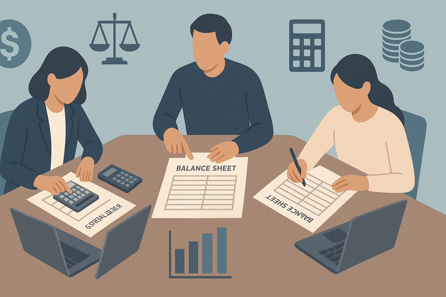 Illustration of three business professionals collaborating at a table with laptops, calculators, and balance sheets, symbolizing an accounting workshop.