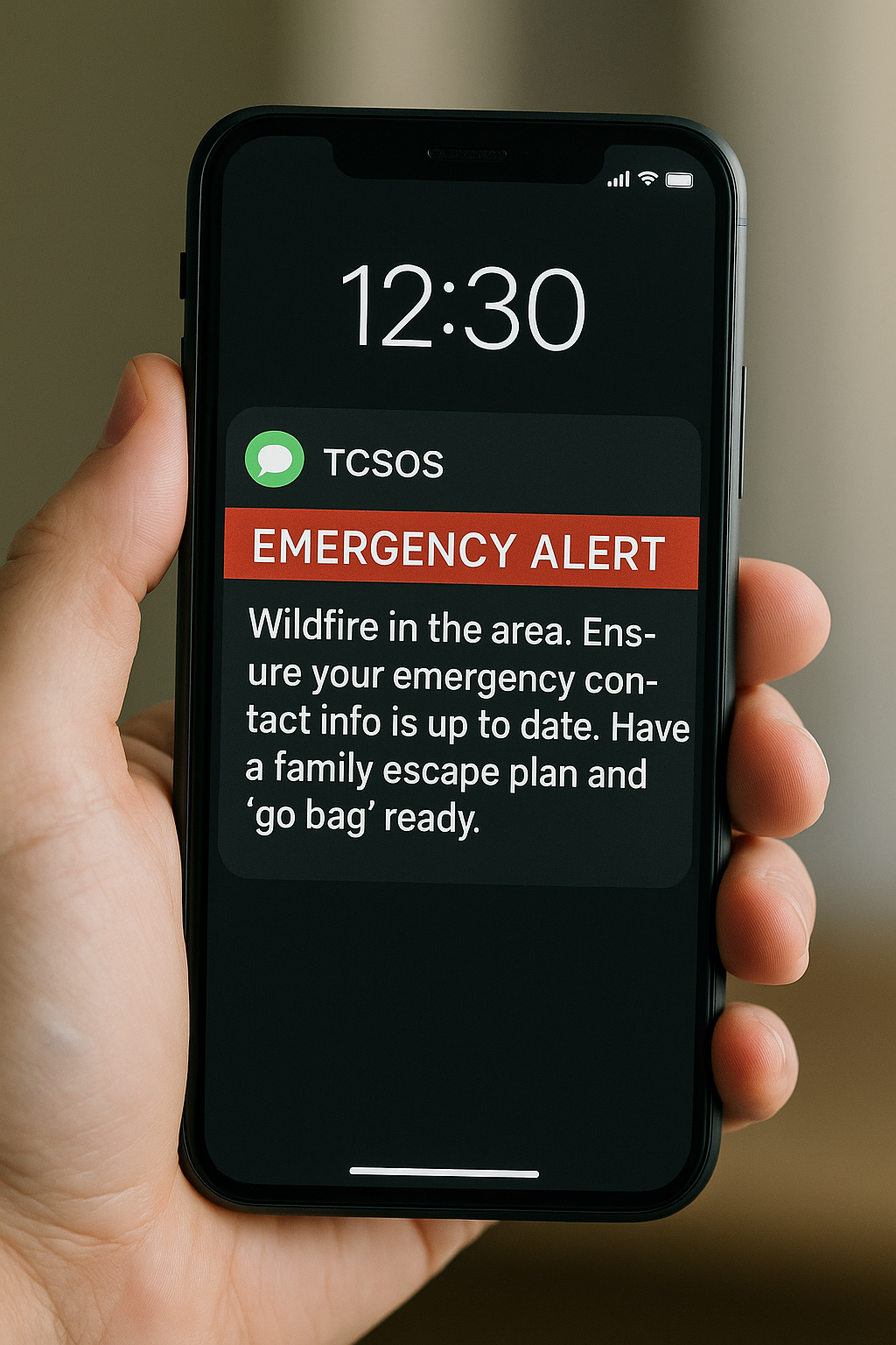 A smartphone screen shows a TCSOS emergency alert about wildfire preparedness, reminding families to update contact information and have a go bag ready.