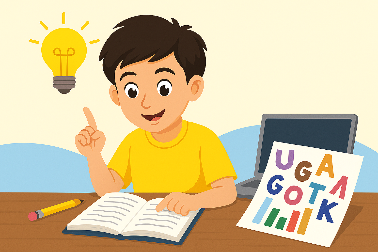 Illustration of an educator guiding early reading skills using books and learning materials