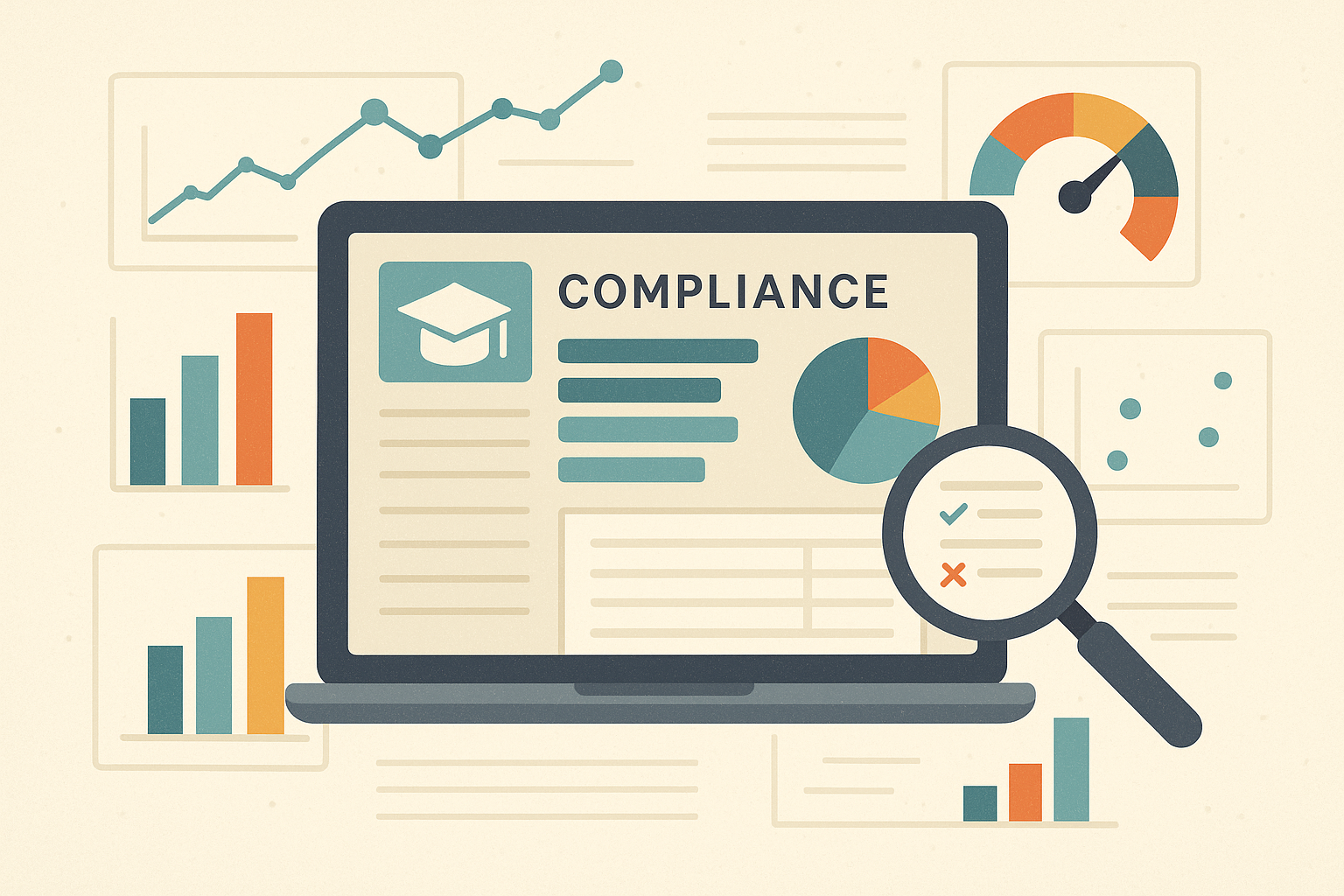 A stylized illustration of a laptop displaying charts, graphs, and data visuals related to school compliance and credentialing.