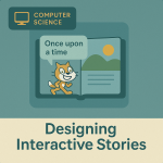 Illustration of a computer screen showing an interactive story with characters and choice arrows.