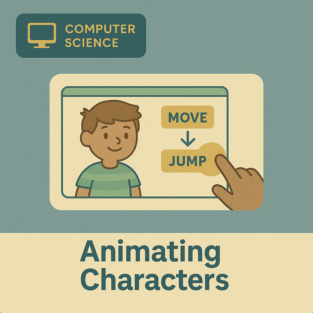 Illustration of a student designing animated characters inside a coding window with motion arrows.