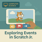 Illustration of a tablet displaying Scratch Jr. interface with a character triggered by event blocks.