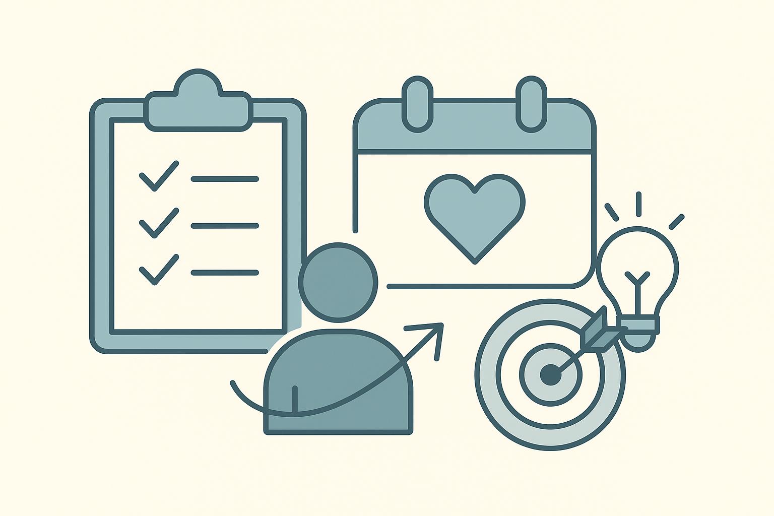 inimalist illustration featuring a clipboard with checkmarks, a calendar with a heart, a person with an upward arrow, a target, and a lightbulb—symbolizing goal setting, balance, and personal well-being.