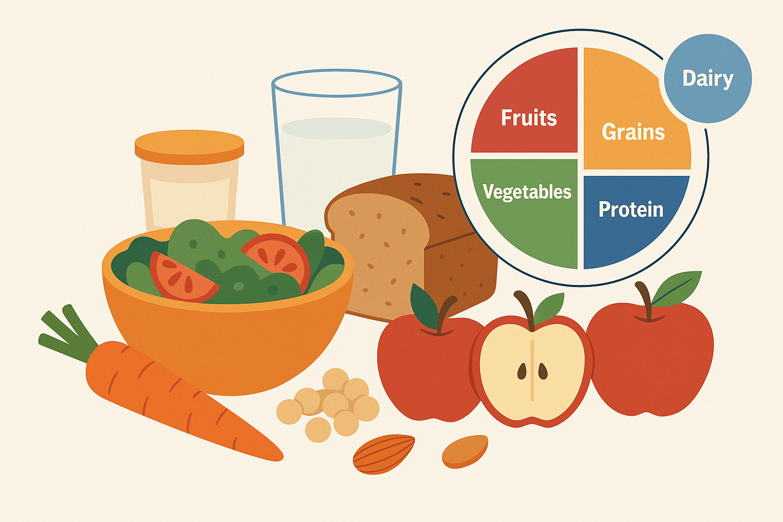 Illustration of healthy foods including fruits, vegetables, yogurt, grains, and a MyPlate nutrition graphic.