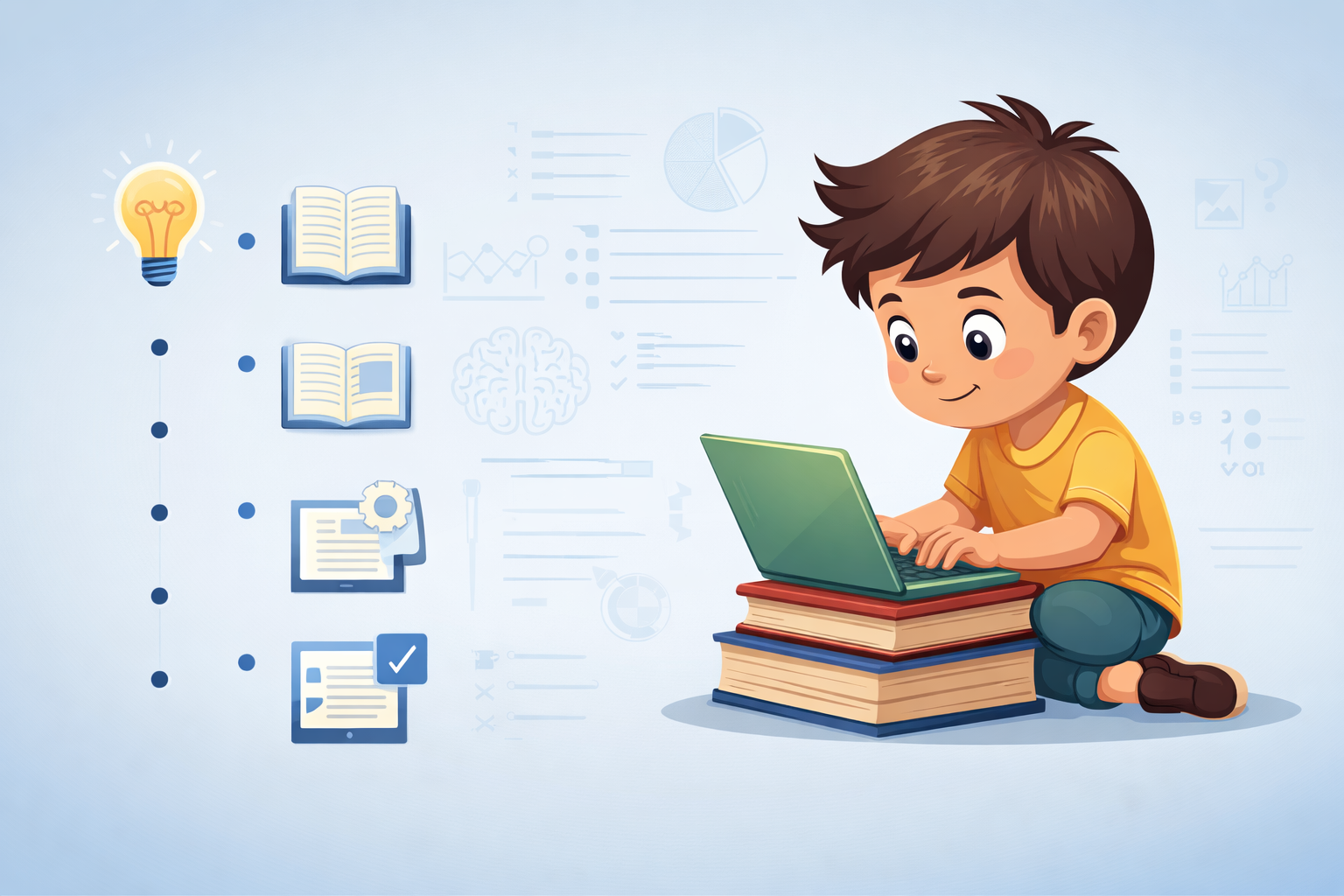 Elementary student using a laptop while seated on a stack of books, symbolizing writing supporting reading development.