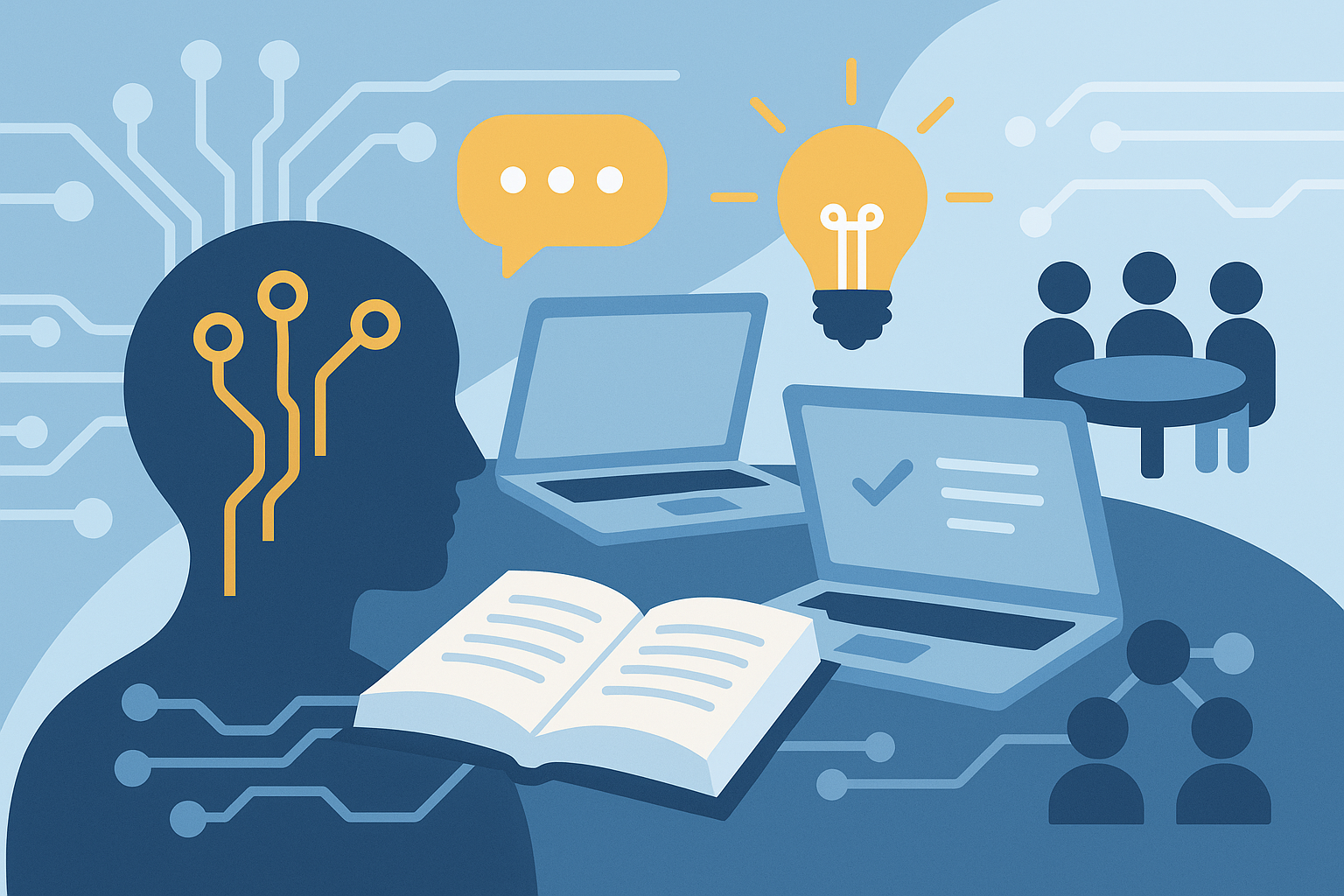 Flat-style illustration of laptops on a shared table, a human profile with circuits, an open book, speech bubble, and lightbulb, representing collaborative AI sandbox learning.