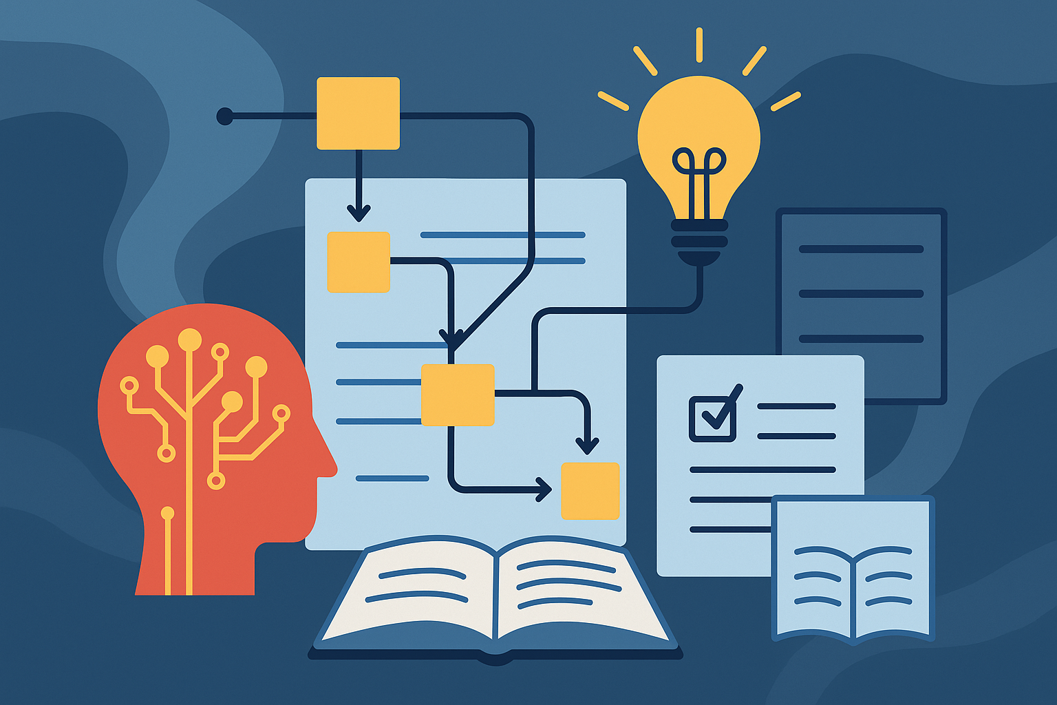 Flat-style illustration of a human profile with glowing circuits connected to flowcharts, documents, a lightbulb, and an open book, symbolizing AI in unit and curriculum design.