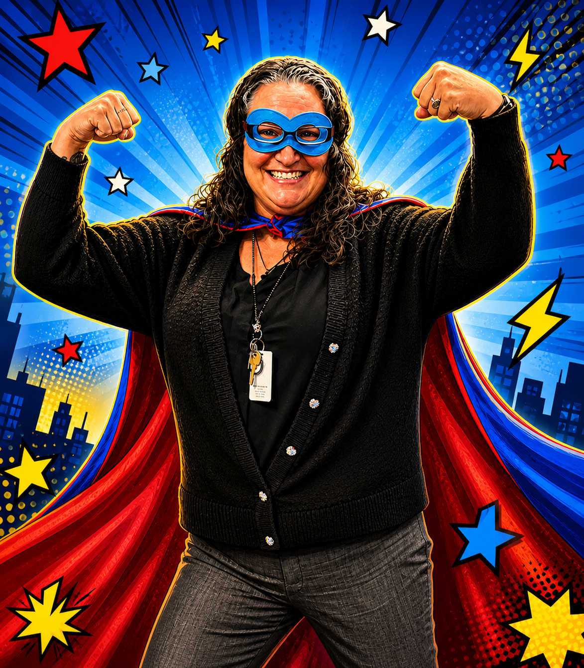 Anita Dye posing as a superhero with cape and mask, smiling and flexing in a comic-style background