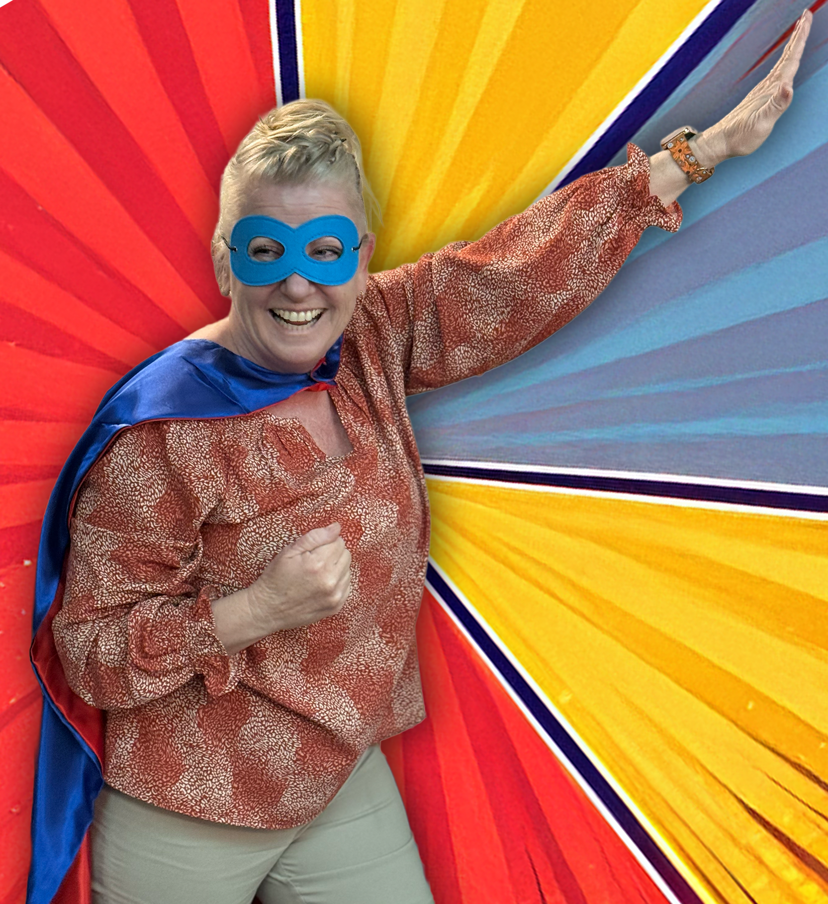 Barbara Hubble - October 2025 Barbara Hubble, October 2025 Superhero in Learning, poses joyfully in a blue cape and mask against a colorful burst background.