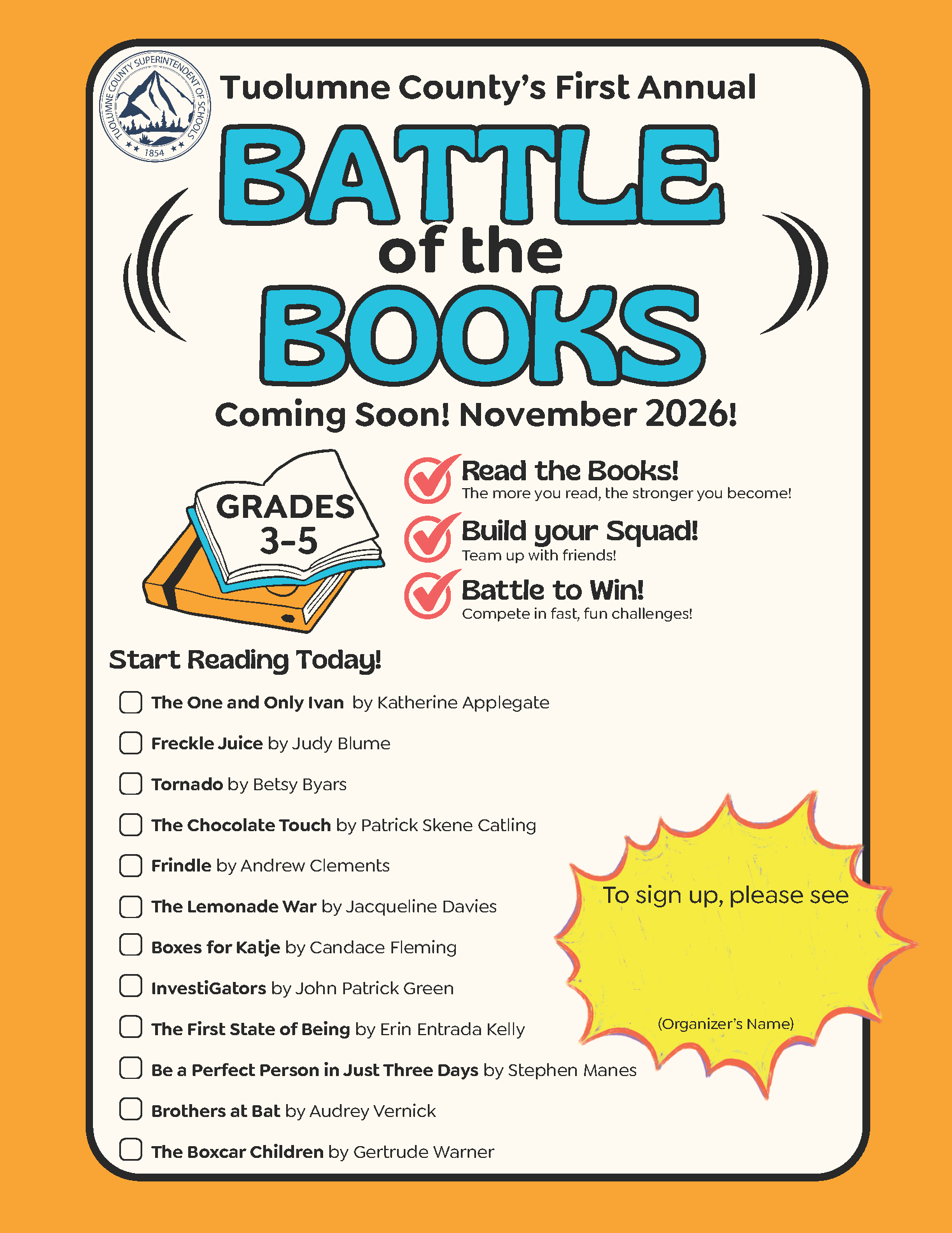 Battle of the Books 2026 Flyer promoting Tuolumne County’s first annual Battle of the Books reading competition for students in grades 3–5, featuring the 2026 reading list and event information.