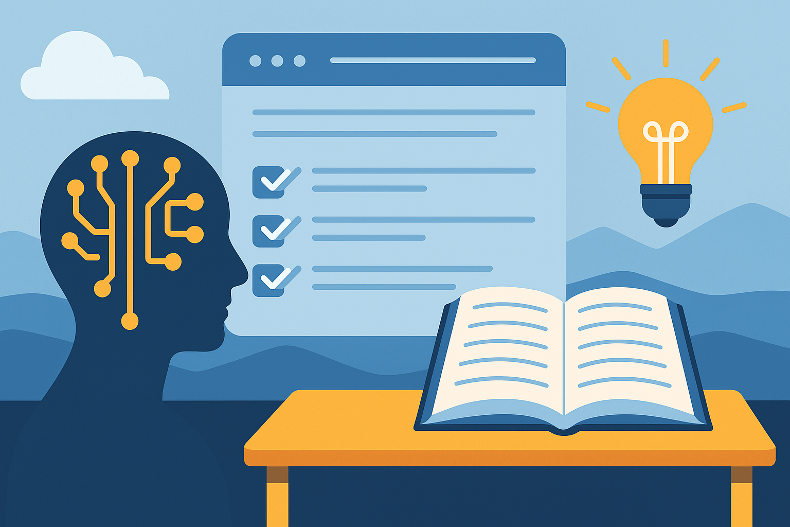 Flat-style illustration of a classroom desk with an open book, glowing circuits inside a human profile, checklist interface, and lightbulb, symbolizing Brisk’s classroom applications.