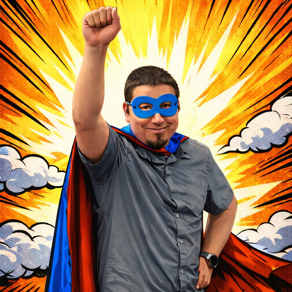 Christopher Ybarra wearing a superhero mask and cape, raising his fist in front of a comic-style burst background
