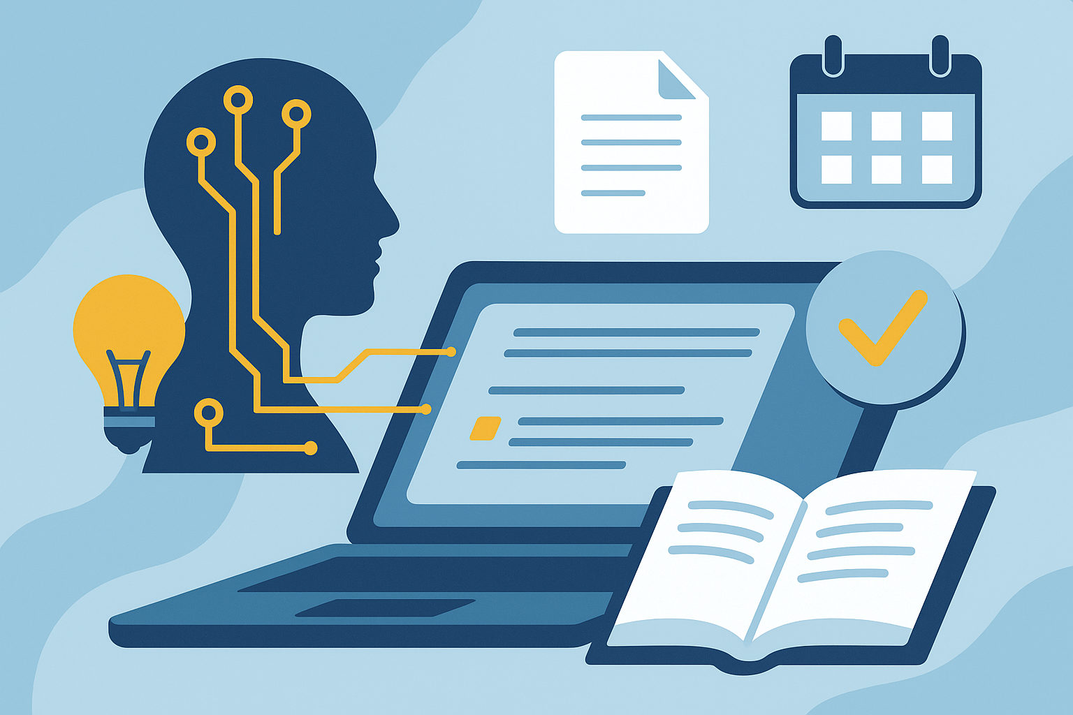 Flat-style illustration of a digital notebook connected to a human profile with circuits, surrounded by documents, a calendar, checklist, and open book, symbolizing AI-assisted research and planning.