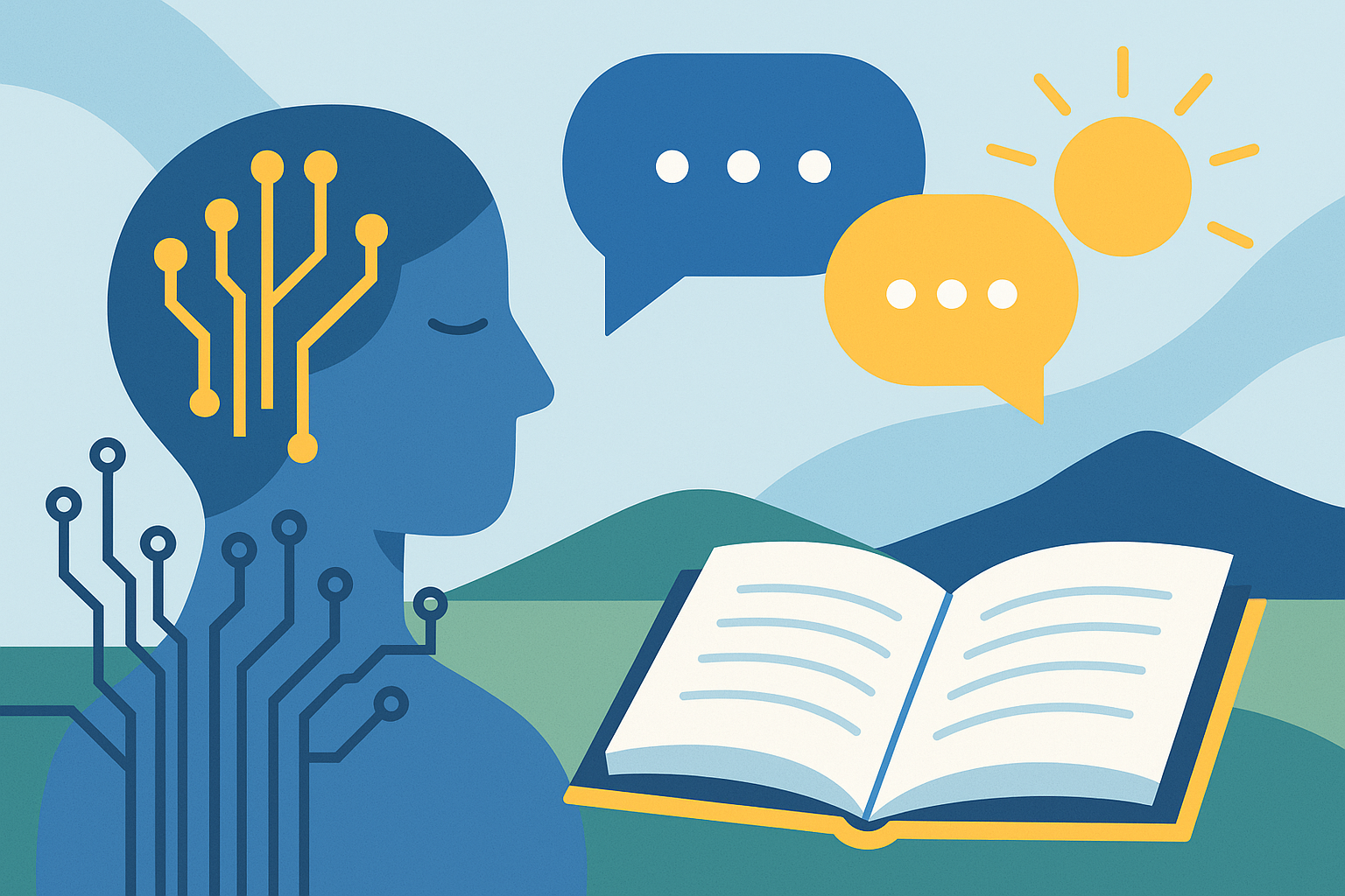 Flat-style illustration of a human profile with circuit patterns, speech bubbles, and an open book, symbolizing prompting with AI tools like Gemini and ChatGPT.