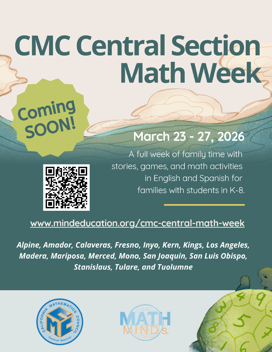 Flyer for CMC Central Section Math Week announcing March 23–27, 2026 with family math games and activities.