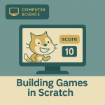 Digital illustration of a game controller and a Scratch cat icon with score indicators.