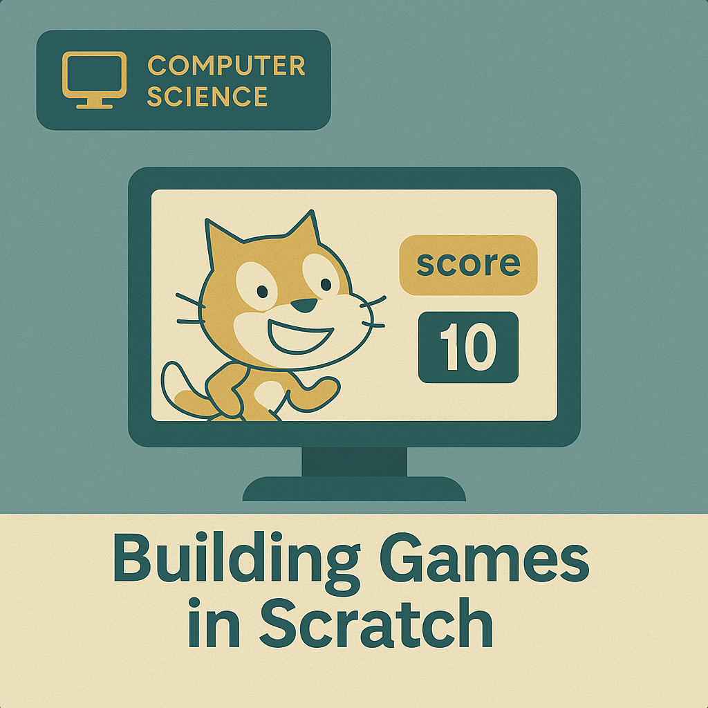 Digital illustration of a game controller and a Scratch cat icon with score indicators.