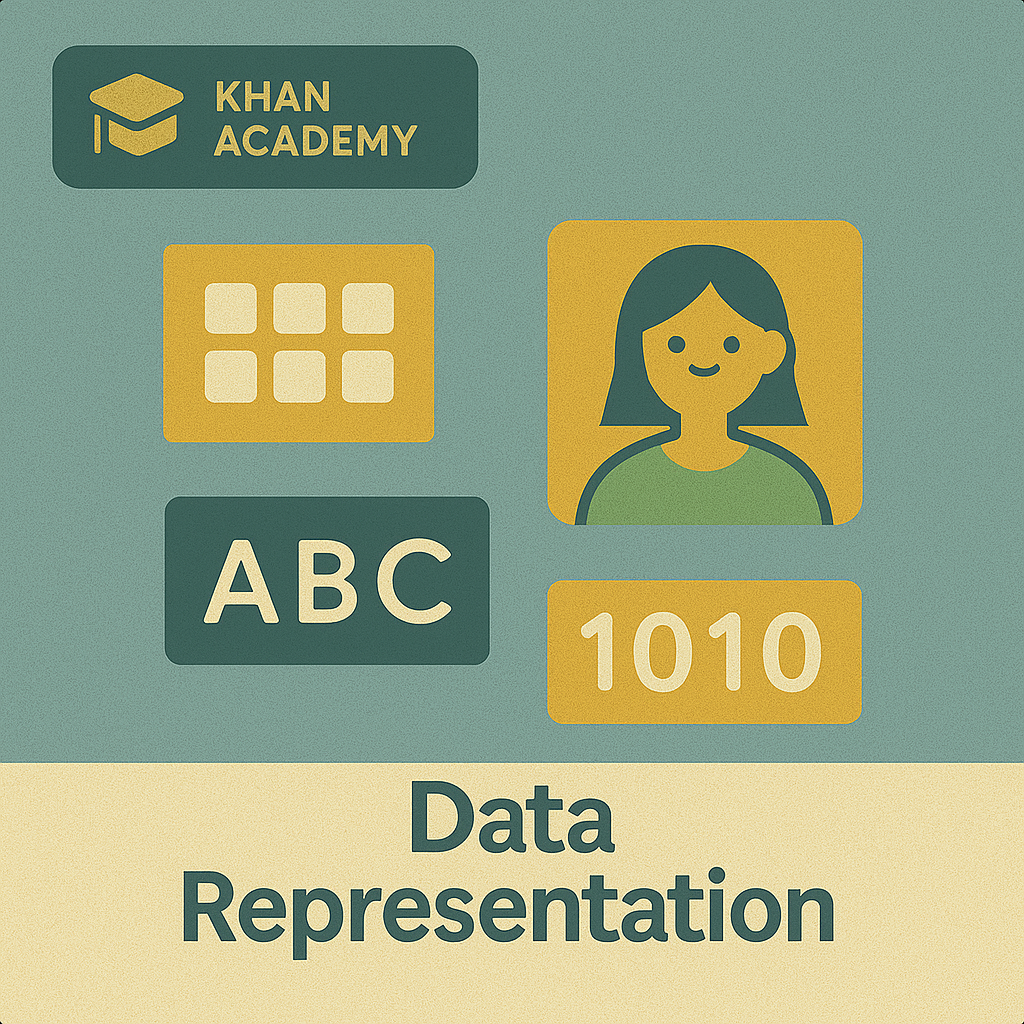 Illustration of binary code, ASCII letters, and image pixels representing data.