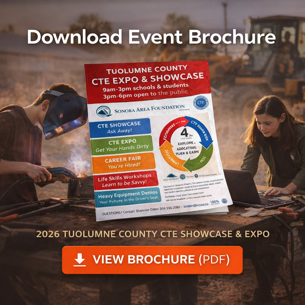 Graphic promoting download of the 2026 Tuolumne County CTE Showcase and Expo brochure with students participating in hands-on activities