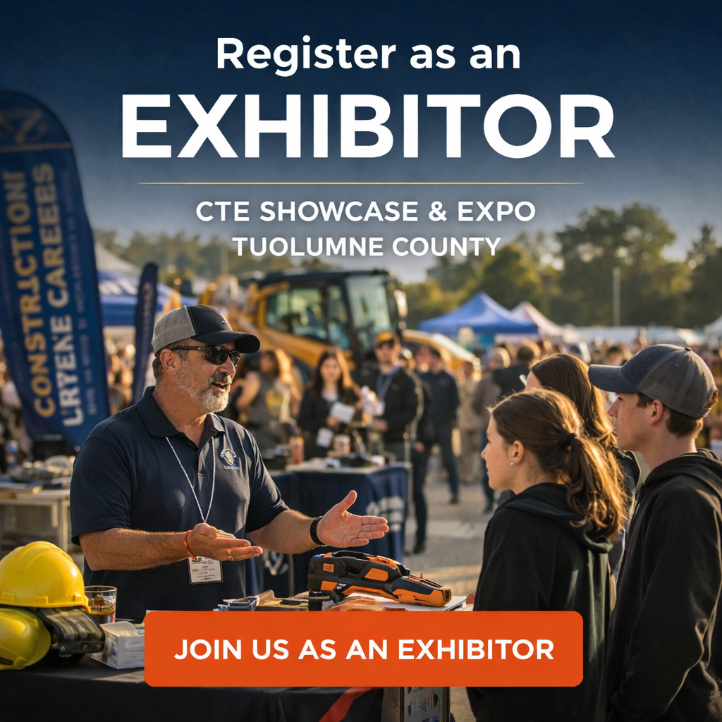 Industry professional speaking with students at an outdoor career expo with tools and equipment, promoting exhibitor registration