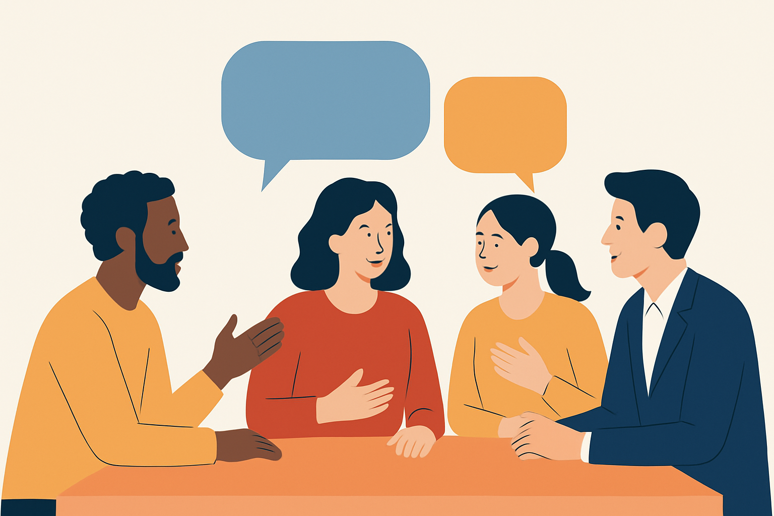 Illustration of four diverse people in conversation around a table, with colorful speech bubbles representing dialogue and collaboration.
