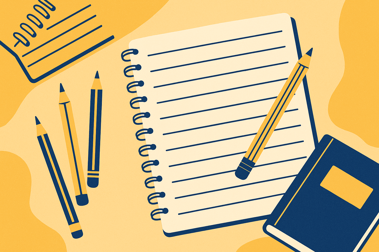 Flat illustration of pencils, notebooks, and paper textures in TCSOS brand colors symbolizing creativity and writing for a teacher professional development session.