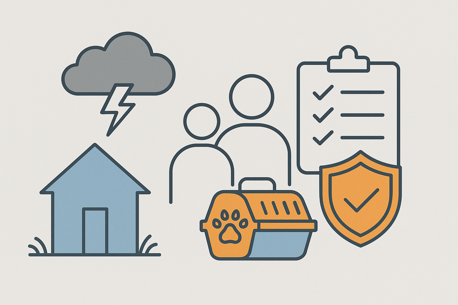 Minimalist illustration showing a house under a storm cloud with lightning, a family with a pet carrier, a checklist on a clipboard, and a safety shield icon—symbolizing readiness and protection.