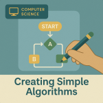 Flat illustration of a hand drawing a simple algorithm flowchart on a chalkboard background.