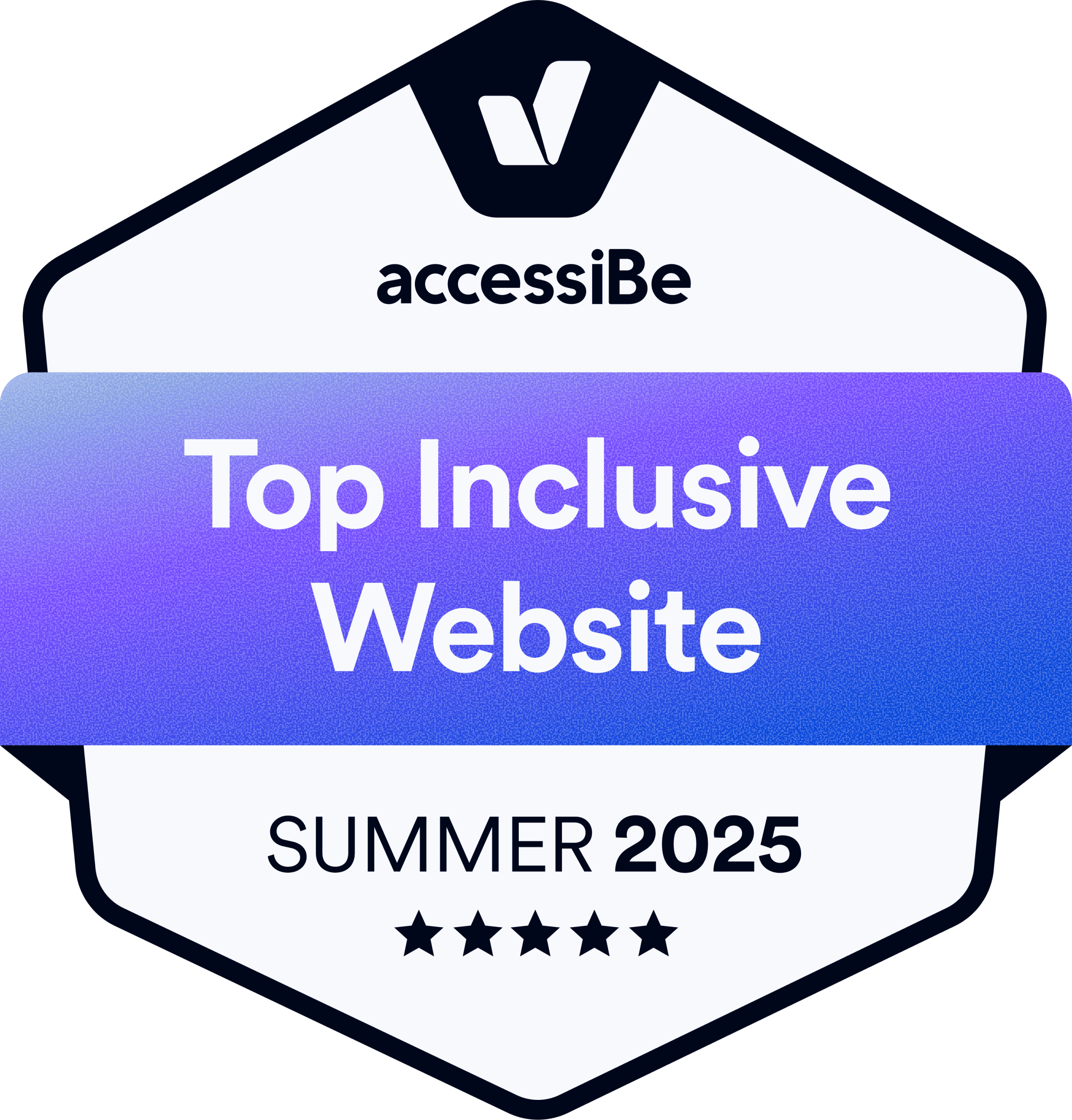 accessiBe badge reading “Top Inclusive Website – Summer 2025” with a five-star rating