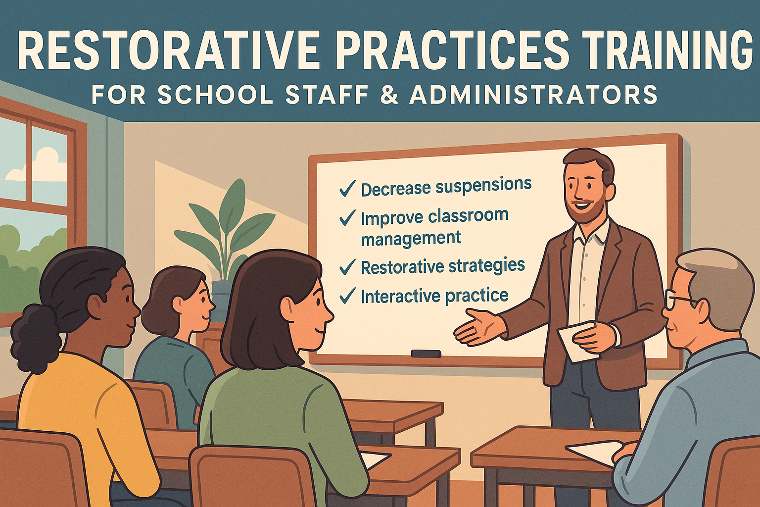Illustration of school staff in a training session on restorative practices, led by a facilitator with a presentation board