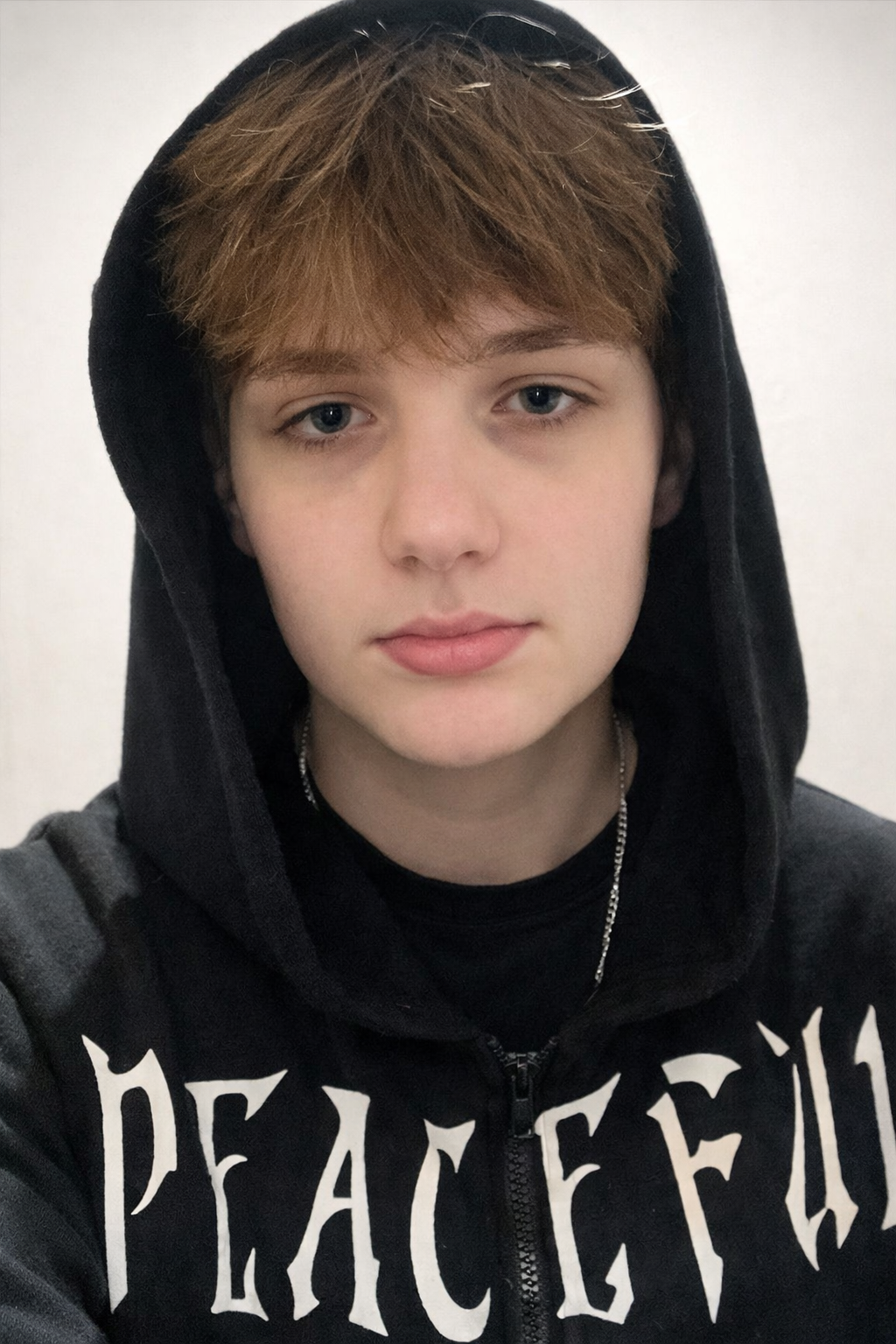 Aaron Nau – Student of the Month Aaron Nau wearing a black hoodie with the word “PEACEFUL” printed on it, looking into the camera with a calm expression.