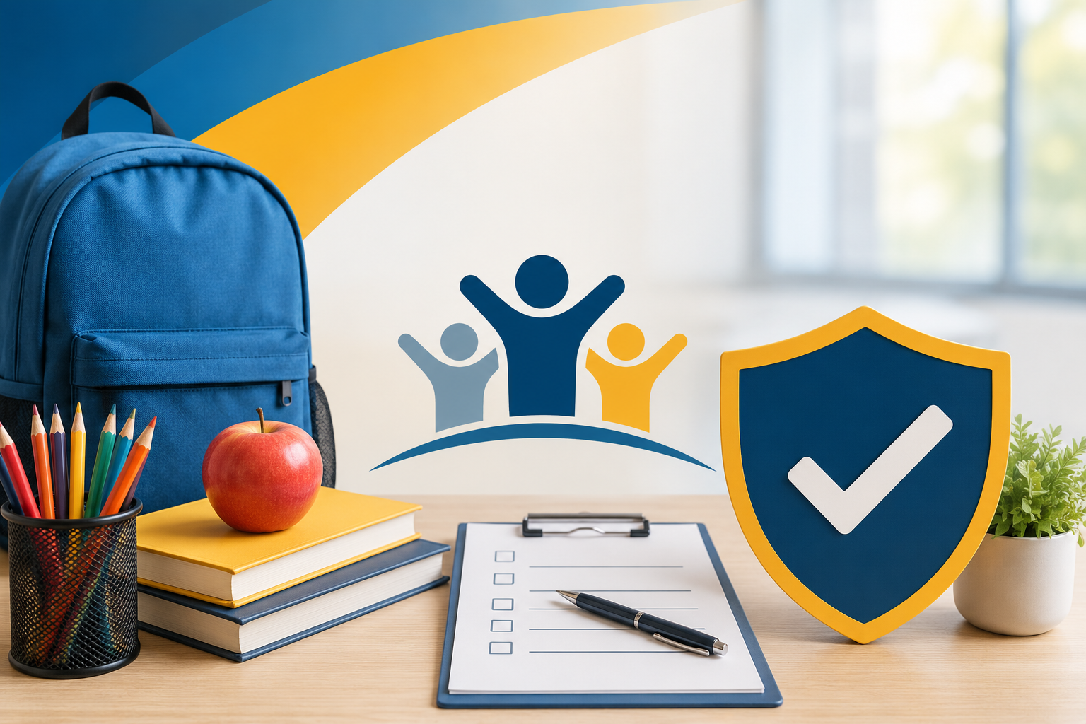 Illustrated school attendance and compliance themed graphic featuring school supplies, a checklist clipboard, and attendance support icons in TCSOS colors.