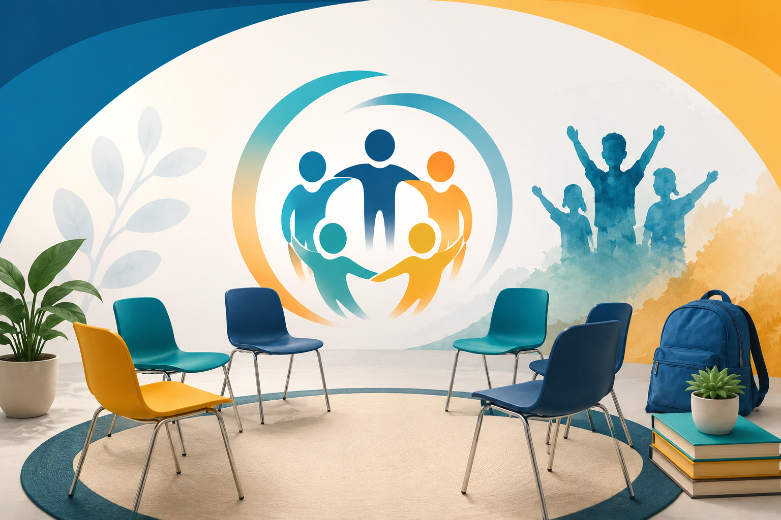 Illustrated restorative practices themed graphic showing a community circle with chairs, collaborative student icons, and school elements in TCSOS colors.
